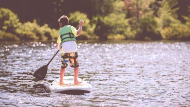 Young boy in a life vest paddleboarding on a lake.